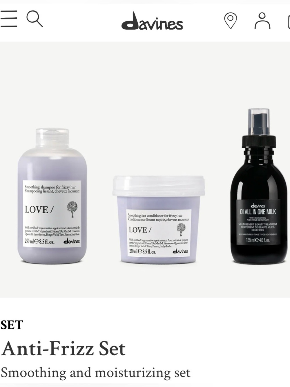 Davines Love Anti Frizz Set Shampoo + Cond + All In One Milk